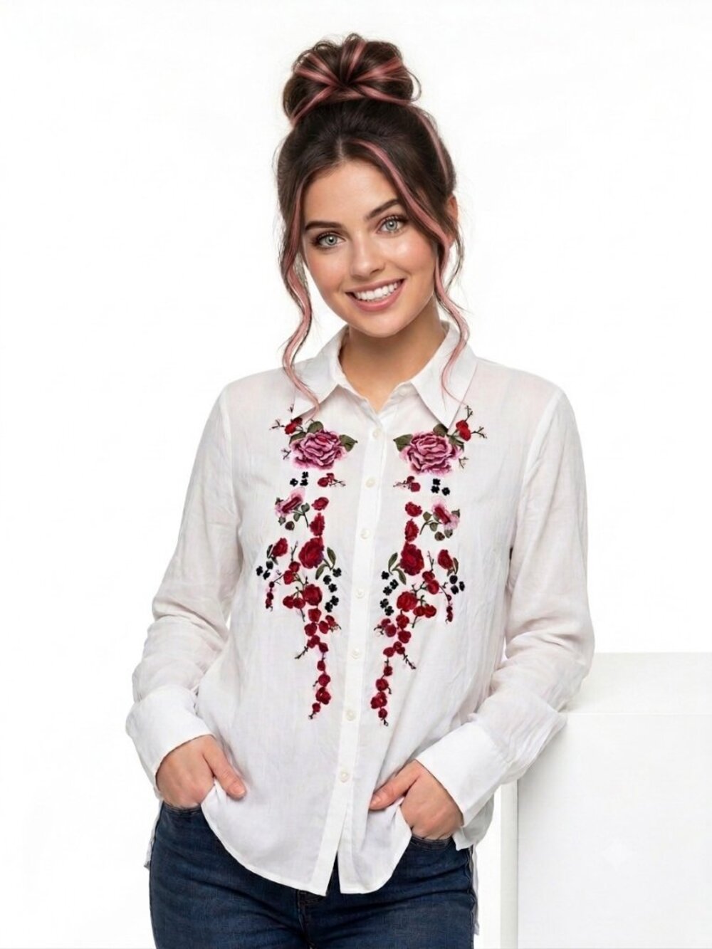Sunny Leigh White Embroidered Floral Button Up Shirt Womens L Rose Cottagecore